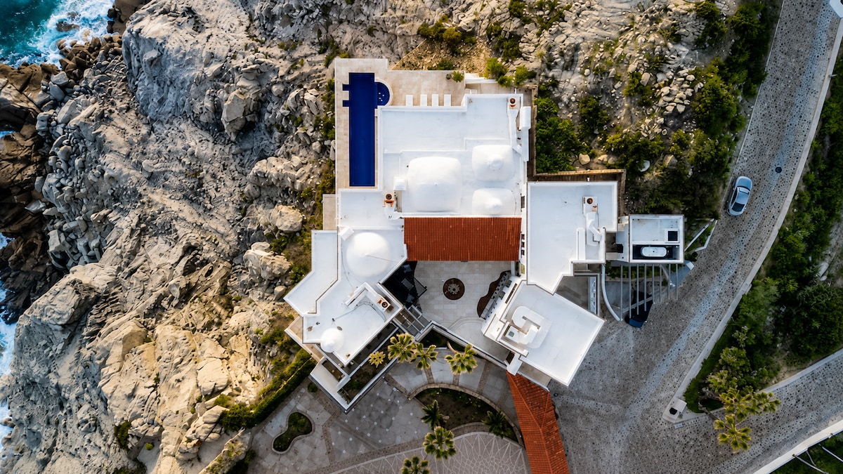 Aerial view of VIP Cliffside Villa Pedregal on the cliff above the Pacific