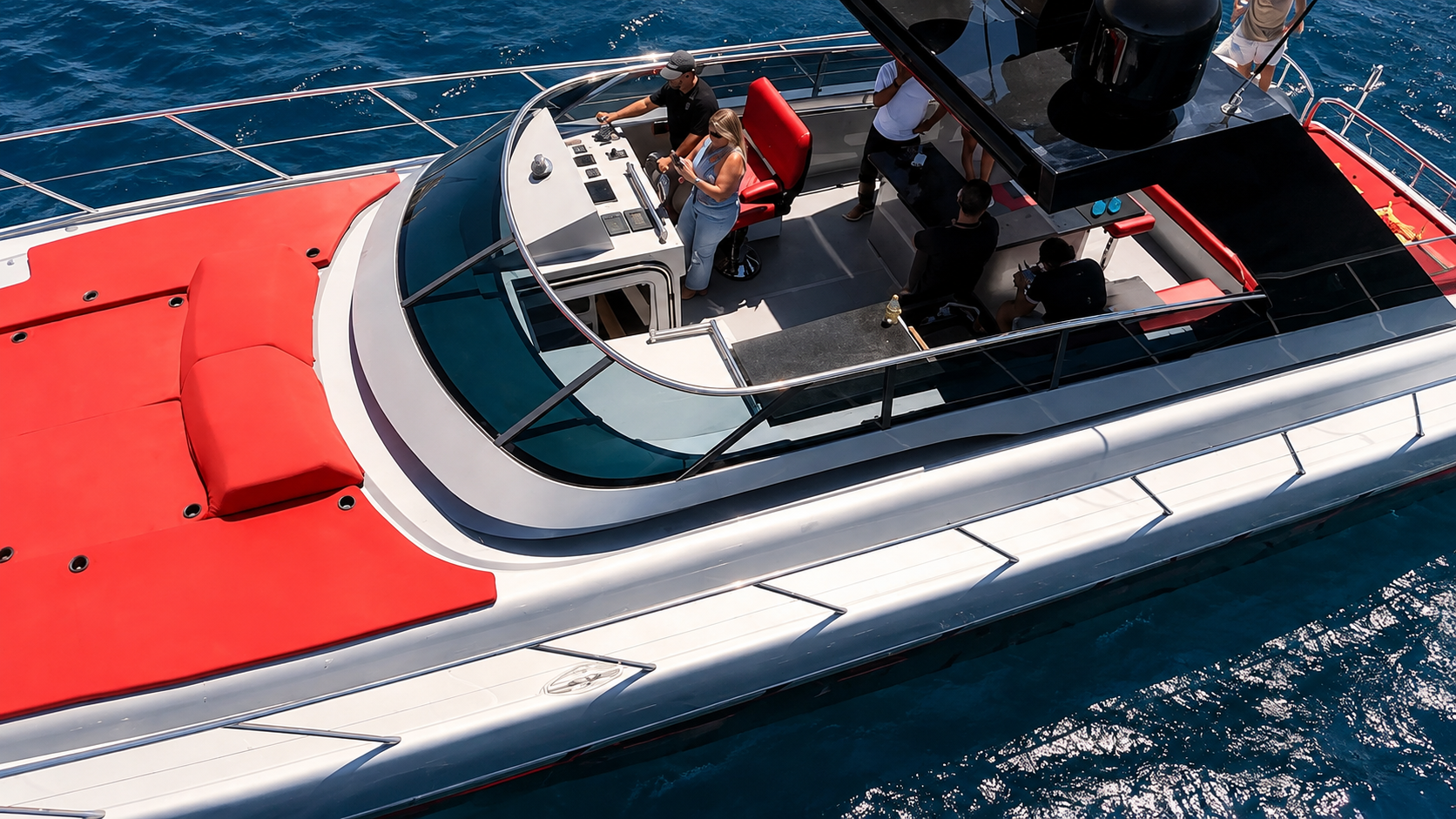 Overhead white red black 65ft yacht helm