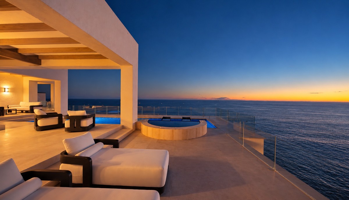 VIP Cliffside Villa terrace, pool, and hot tub at sunset