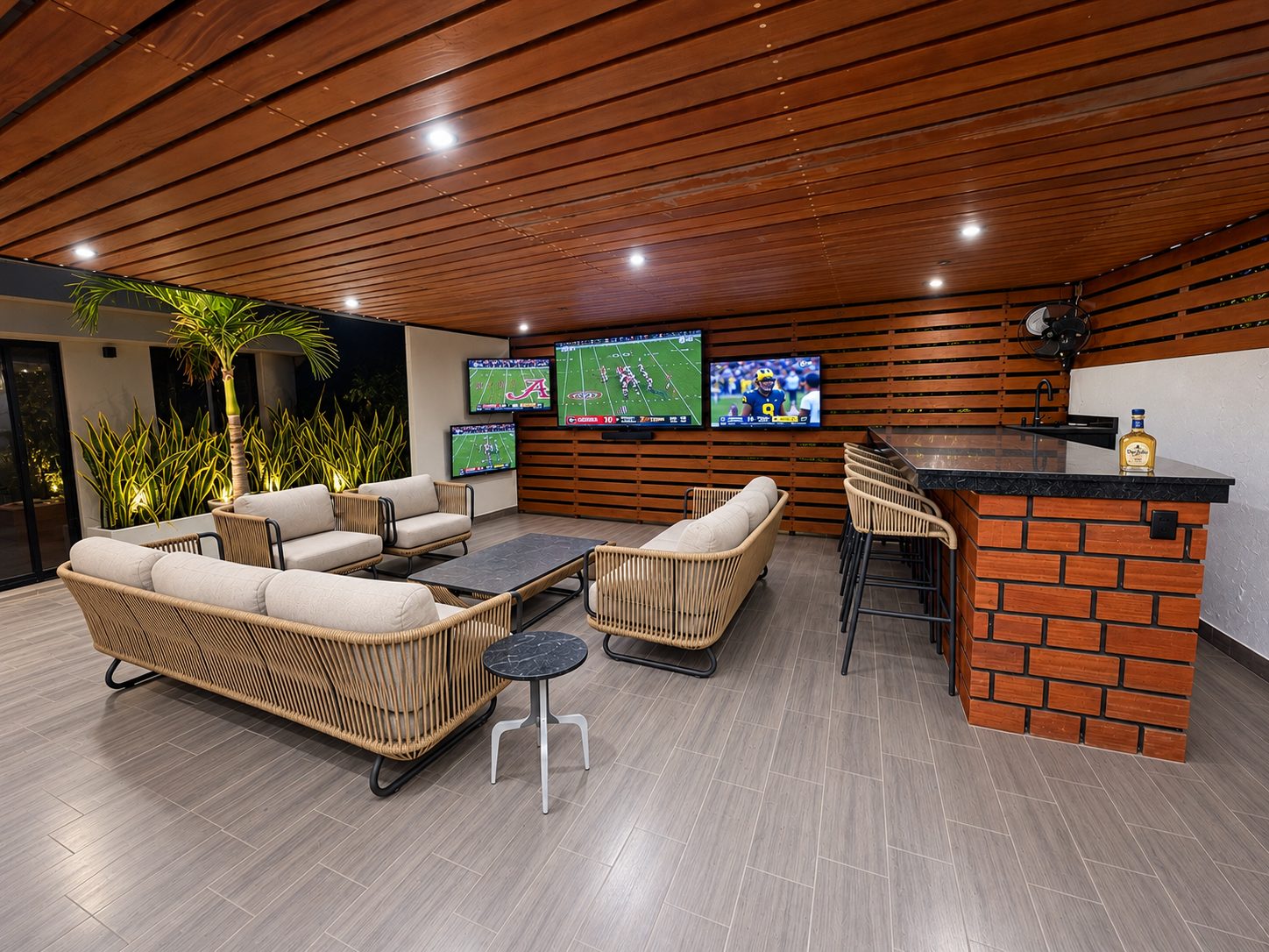 Covered patio sports bar with multiple TVs